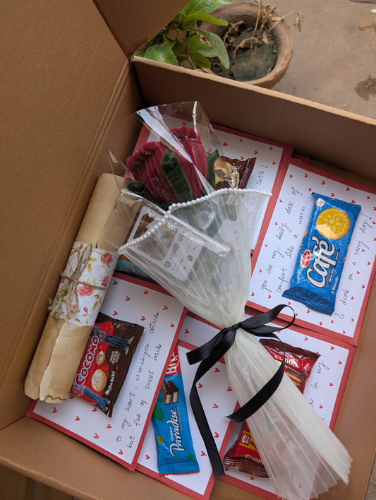 andmade Customized 'Open When' Snack & Flower Gift Box – Red Rose Bouquet, Vintage Scroll & Personalized Love Notes Bundle