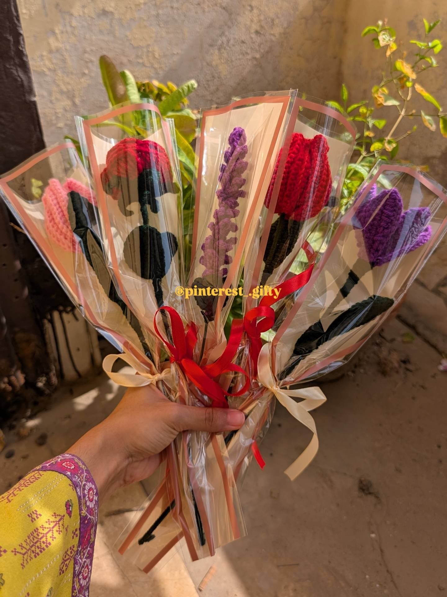 Handmade Crochet Single Stem 5 Flower Collection – Custom Mix & Match Knitted Tulips, Roses & Lavender Gift Stems