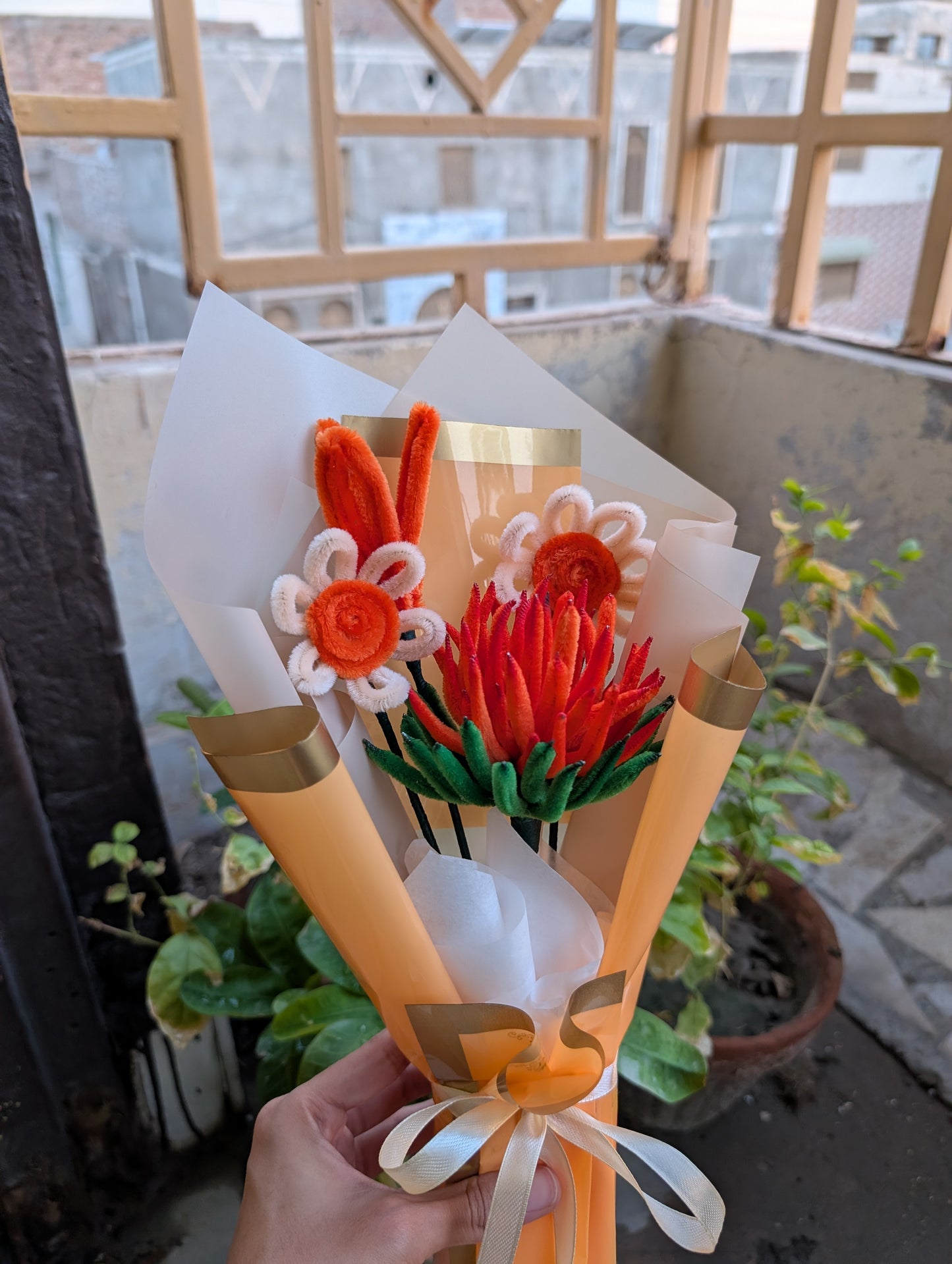 Handmade Pipe Cleaner Orange Sunset Bouquet – Cute Bunny Ears & Protea Flower Gift, Aesthetic Birthday & Graduation Bouquet
