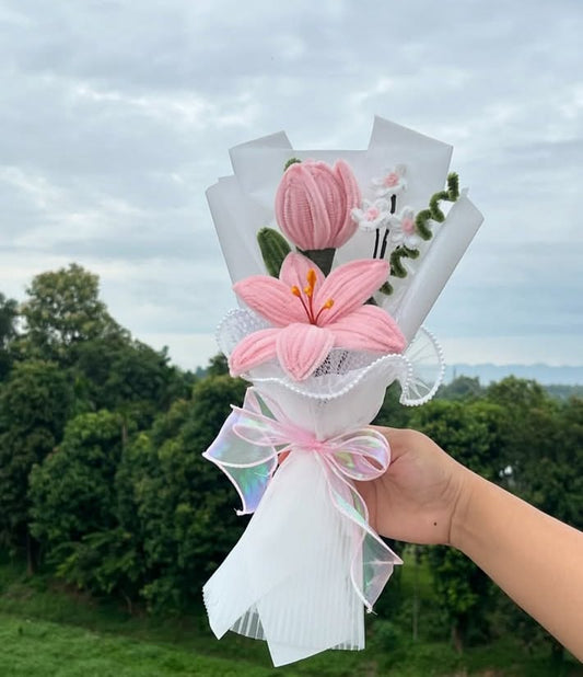 Handmade Pipe Cleaner Pink Lily & Tulip Bouquet / Personalized Velvet Chenille Floral Gift