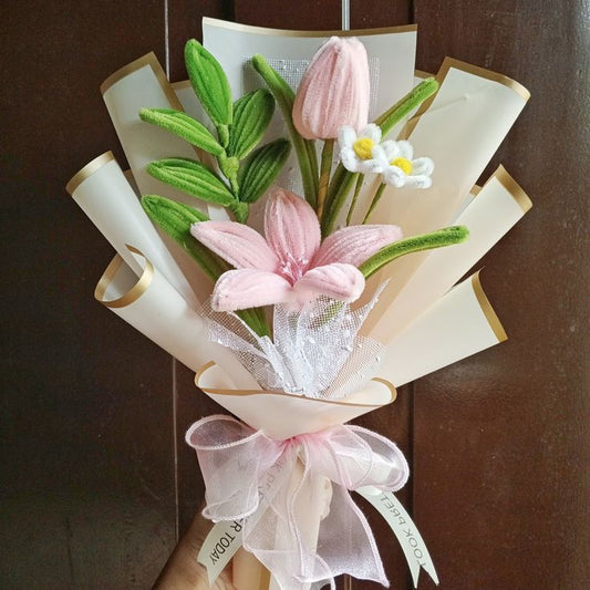Handmade Pipe Cleaner Pink Lily & Tulip Bouquet / Personalized Velvet Chenille Floral Gift