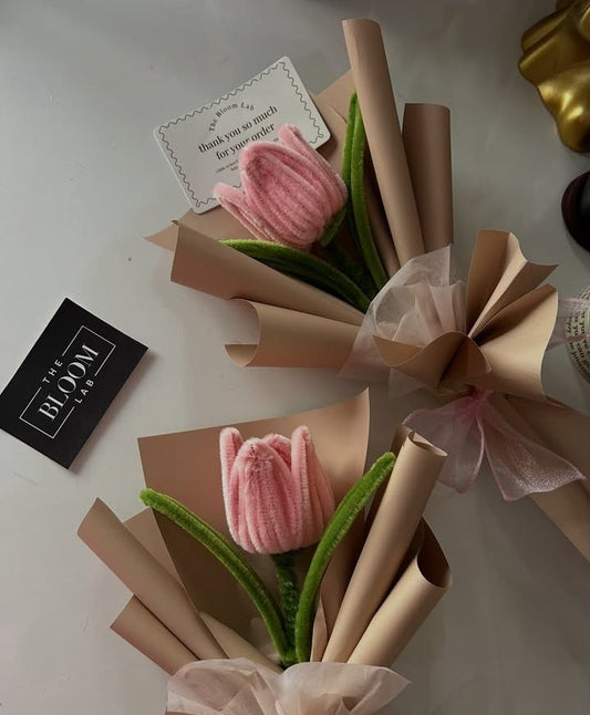 Handmade Pipe Cleaner Single Pink Tulip Bouquet / Aesthetic Velvet Chenille Flower Gift