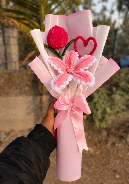Handmade Pipe Cleaner Pink Lily & Red Tulip Bouquet / Valentine Velvet Flower Gift Set