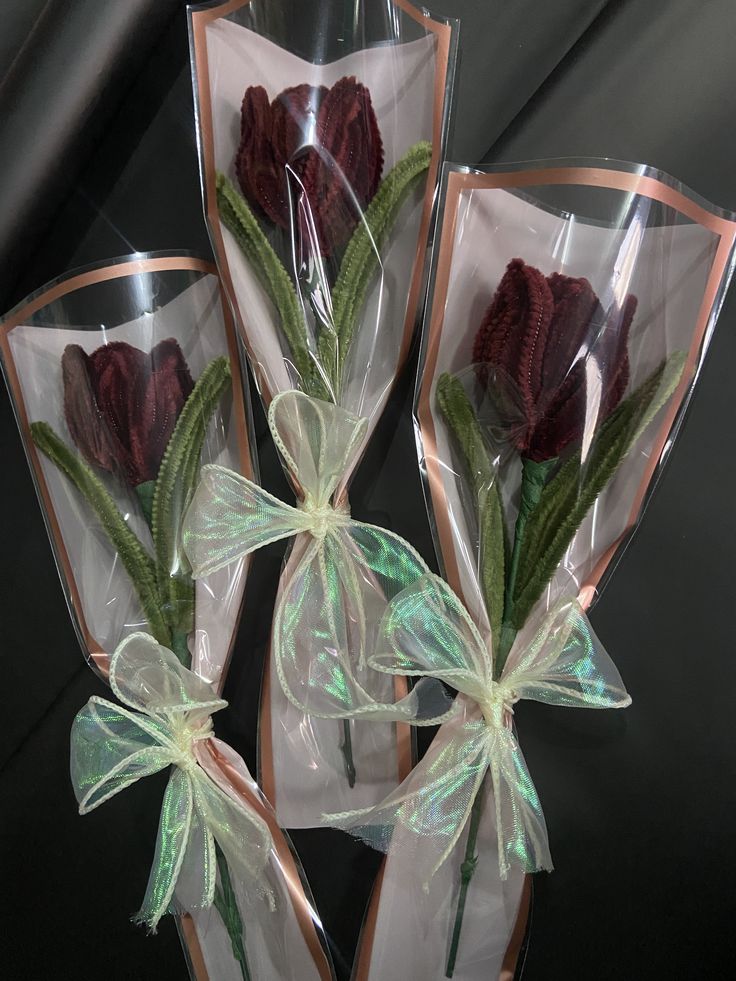 Handmade Pipe Cleaner Maroon Tulip Bouquet / Aesthetic Velvet Chenille Single Flower Gift