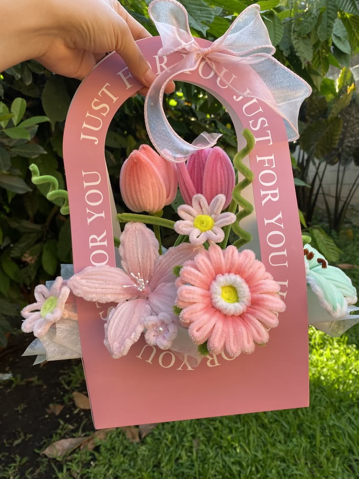 Handmade Pipe Cleaner Flower Basket / Personalized Velvet Chenille Tulip & Lily Gift Box