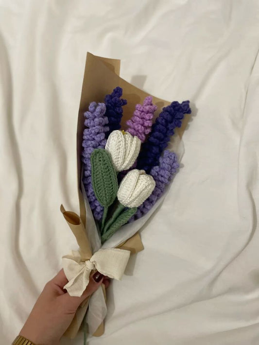 Handmade Crochet White Tulip & Lavender Bouquet / Personalized Amigurumi Mixed Purple Flower Gift