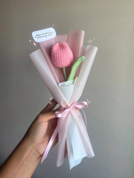Handmade Crochet Pink Tulip Bouquet / Personalized Amigurumi Single Flower Gift