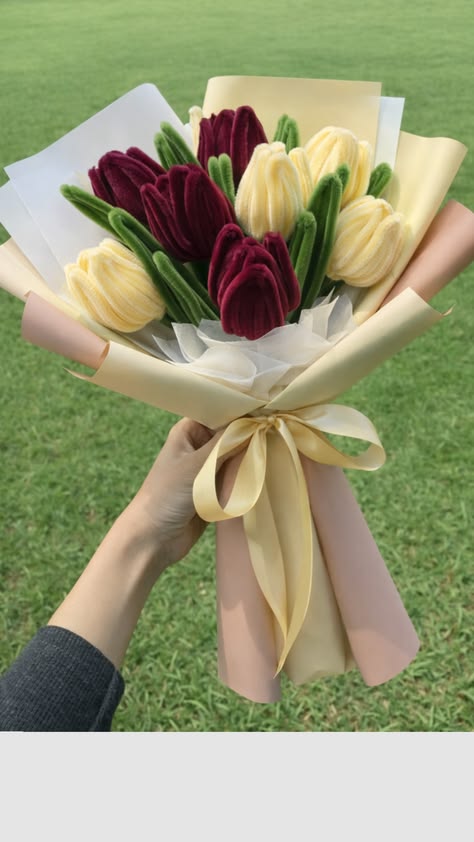 Handmade Pipe Cleaner Maroon & Cream Tulip Bouquet / Deluxe Velvet Chenille Flower Gift Arrangement