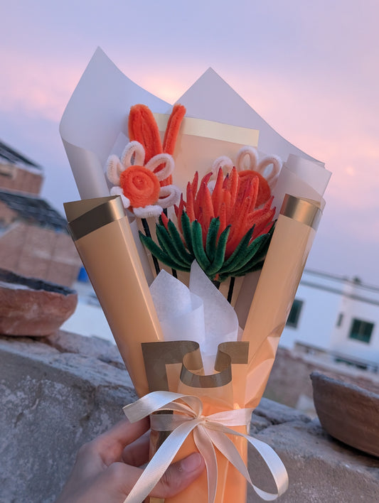 Handmade Pipe Cleaner Orange Sunset Bouquet – Cute Bunny Ears & Protea Flower Gift, Aesthetic Birthday & Graduation Bouquet