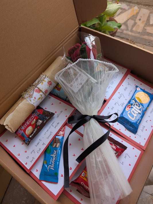 andmade Customized 'Open When' Snack & Flower Gift Box – Red Rose Bouquet, Vintage Scroll & Personalized Love Notes Bundle