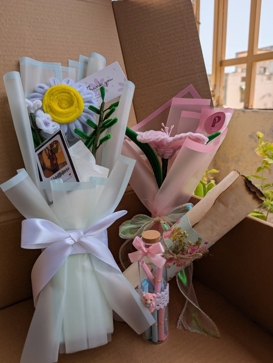 Handmade Customized Premium Gift Box Deal – Pipe Cleaner Flower Bouquets, Message Bottle & Vintage Scroll Letter Bundle