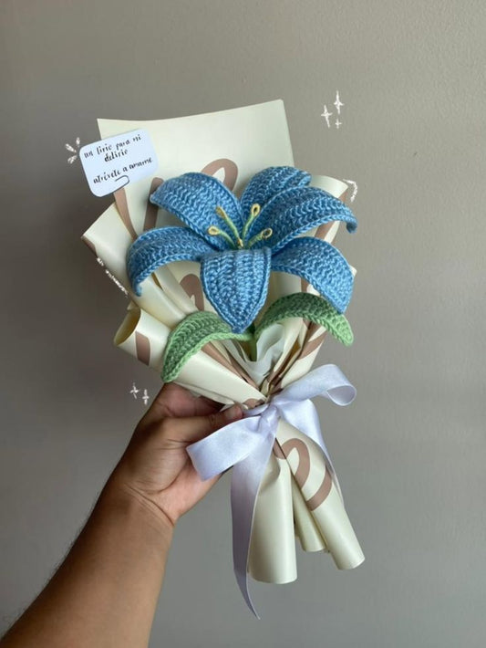 Handmade Crochet Blue Lily Bouquet / Personalized Amigurumi Single Flower Gift