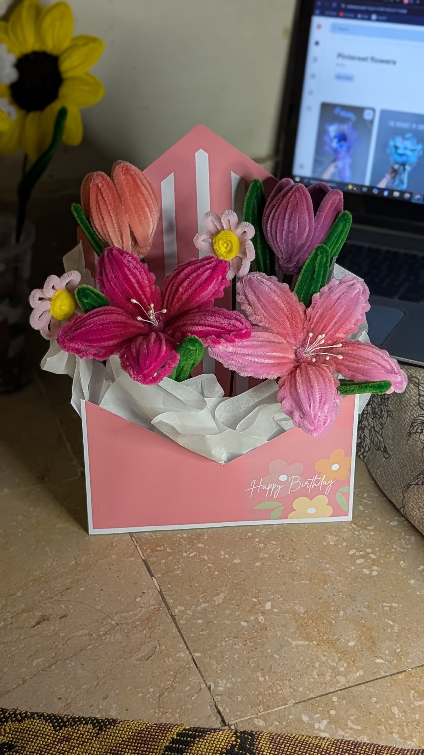 Handmade Pipe Cleaner Flower Envelope Box – Aesthetic Tulip & Lily Arrangement, Cute Birthday & Greeting Gift