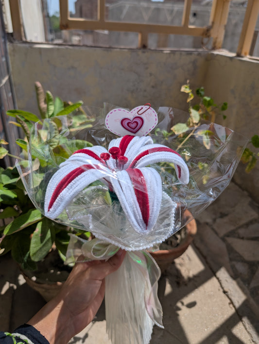 Handmade Pipe Cleaner Stargazer Lily Bouquet – Aesthetic Red & White Striped Flower Gift, Romantic Anniversary & Birthday Favor