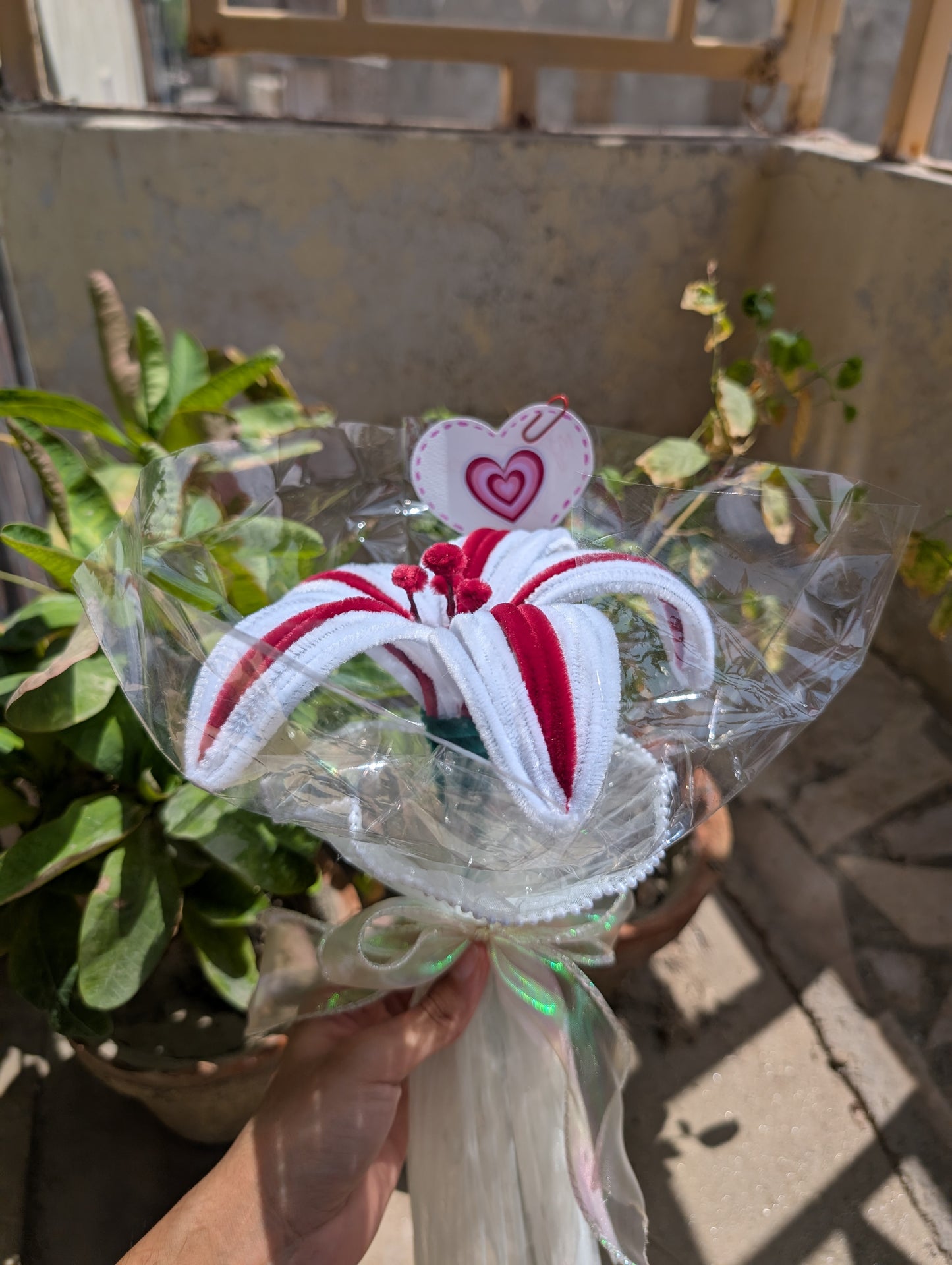 Handmade Pipe Cleaner Stargazer Lily Bouquet – Aesthetic Red & White Striped Flower Gift, Romantic Anniversary & Birthday Favor
