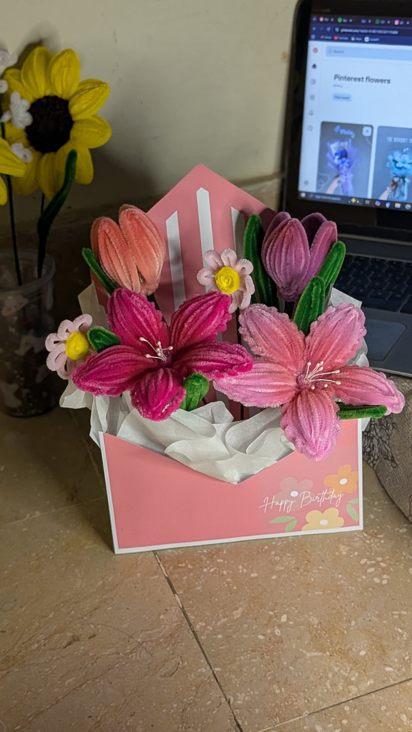Handmade Pipe Cleaner Flower Envelope Box – Aesthetic Tulip & Lily Arrangement, Cute Birthday & Greeting Gift