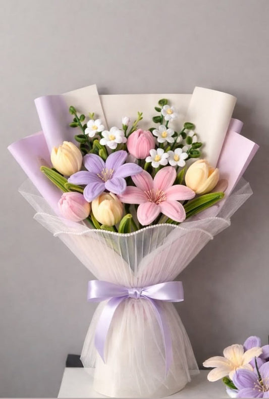 Handmade Pipe Cleaner Mixed Lily & Tulip Bouquet / Deluxe Velvet Chenille Flower Gift Arrangement