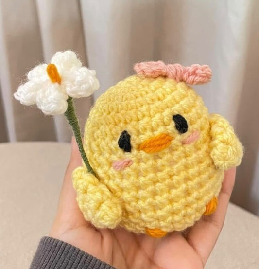 Cute Handmade Crochet Yellow Chick Amigurumi – Plush Toy with Flower