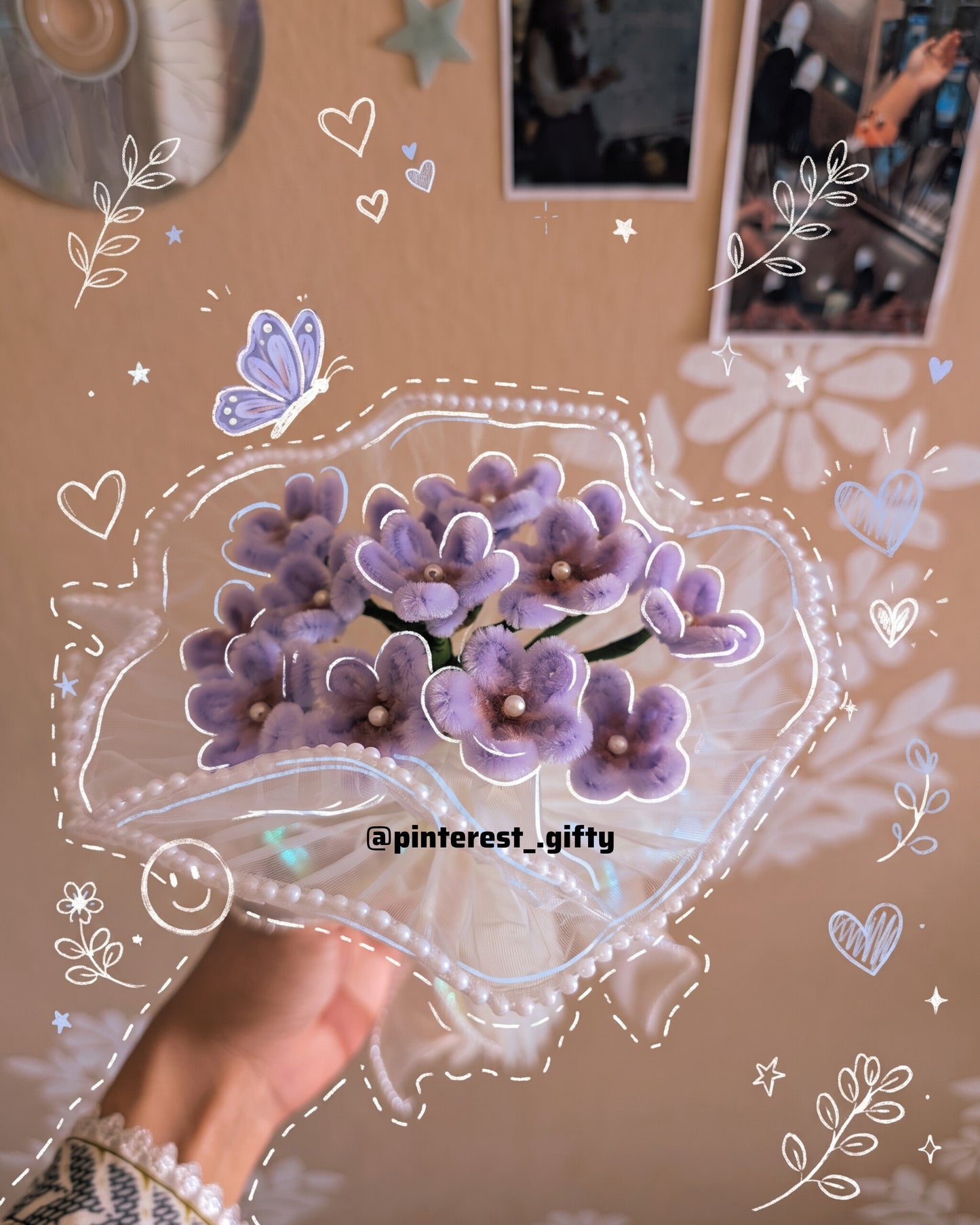 Handmade Pipe Cleaner Purple Flower Bouquet – Aesthetic Pearl Mesh Wrapping, Cute Gift for Her, Birthdays & Anniversaries