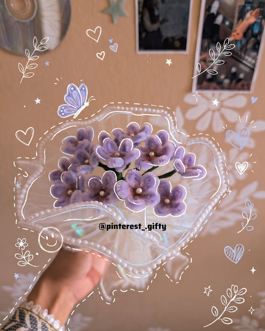 Handmade Pipe Cleaner Purple Flower Bouquet – Aesthetic Pearl Mesh Wrapping, Cute Gift for Her, Birthdays & Anniversaries