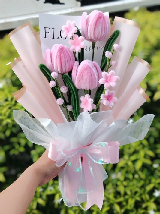 Handmade Pipe Cleaner Pink Tulip Bouquet / Personalized Velvet Chenille Flower Gift Arrangement