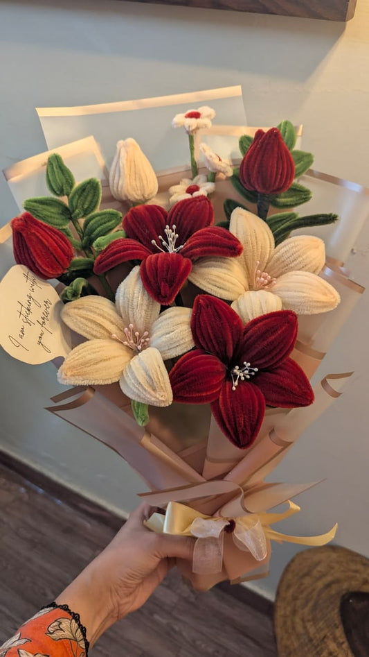 Handmade Pipe Cleaner Crimson Red & Cream Lily Bouquet / Deluxe Velvet Chenille Flower Gift Arrangement