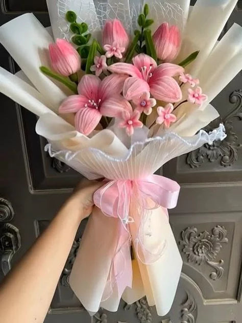 Handmade Pipe Cleaner Pink Lily & Tulip Bouquet / Deluxe Velvet Chenille Flower Gift Arrangement
