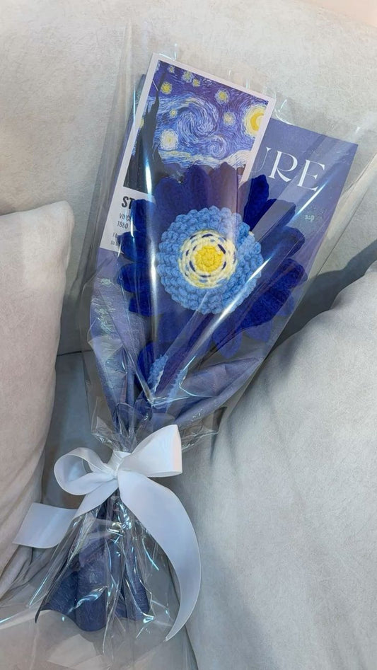 Handmade Crochet Starry Night Sunflower Bouquet / Van Gogh Inspired Knitted Flower Gift
